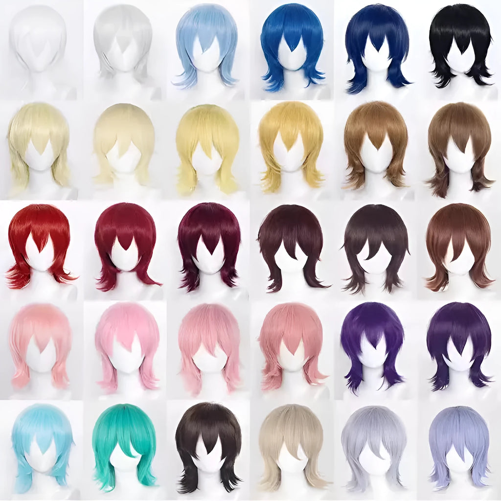A short-style anime cosplay wig for men in high-temperature fiber, shown in a red colour option.