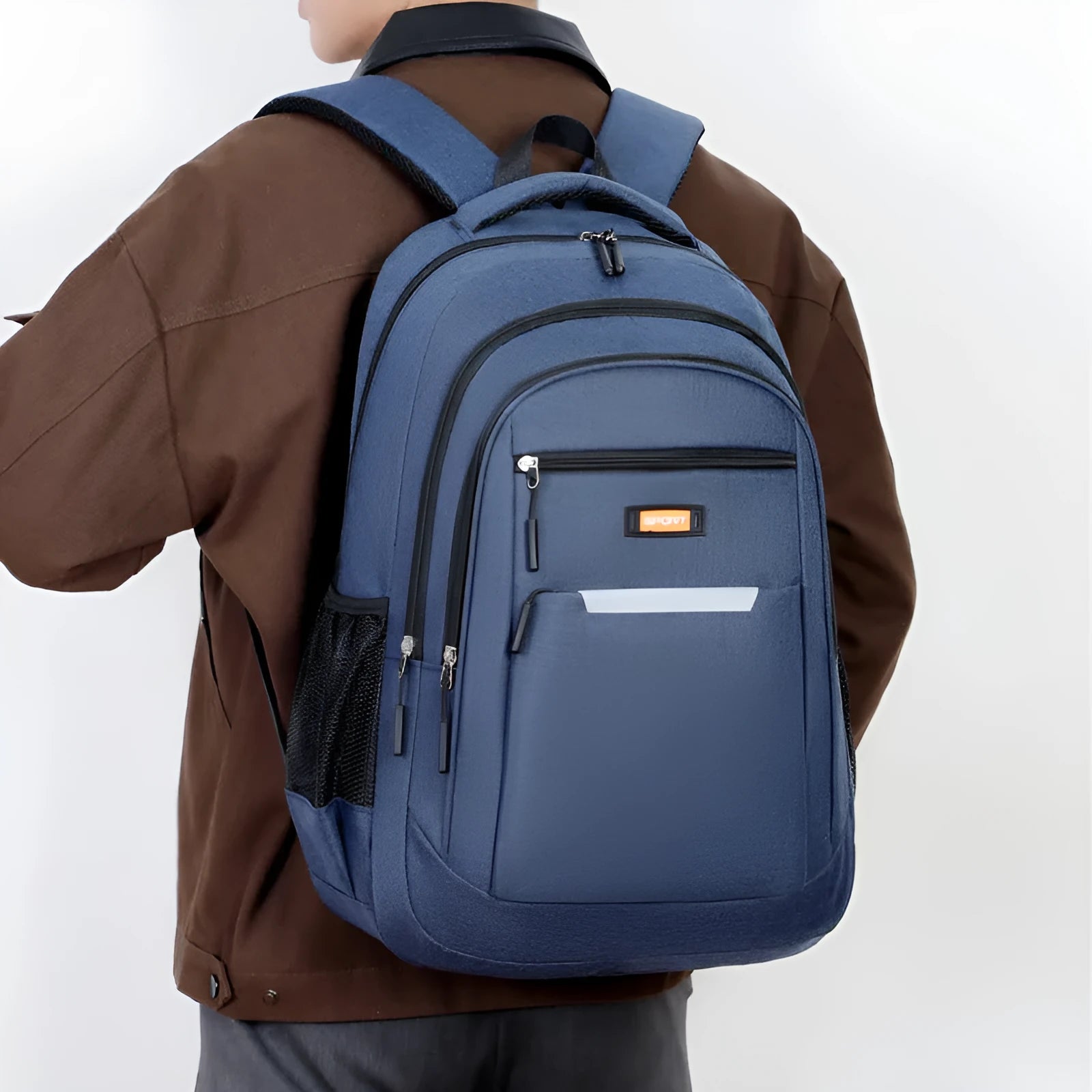 Men's casual Oxford cloth backpack shown in available colours: black, blue, gray, and green.