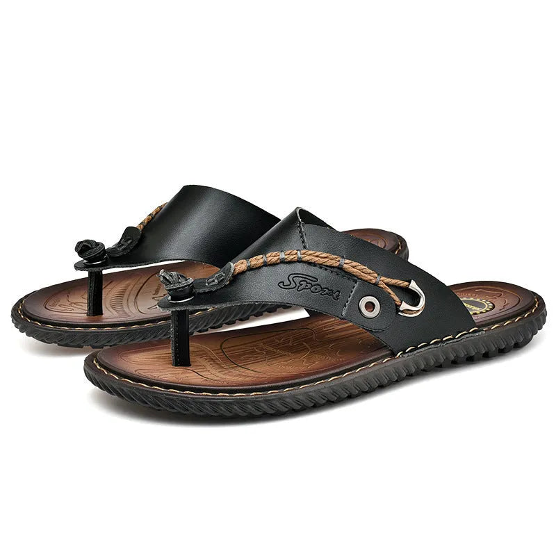 Men's black casual PU leather slippers with non-slip sole, shown from the side.