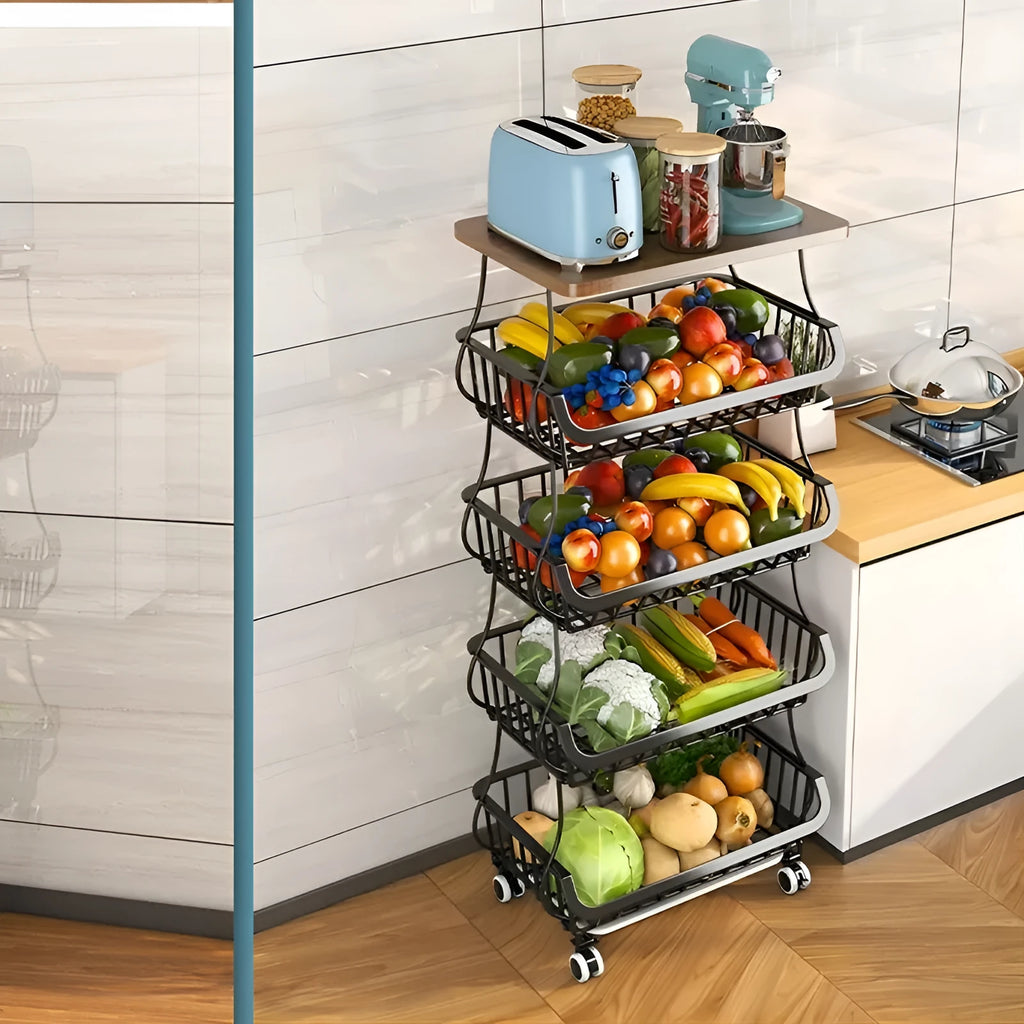 Black freestanding kitchen storage trolley with six open wire shelves.