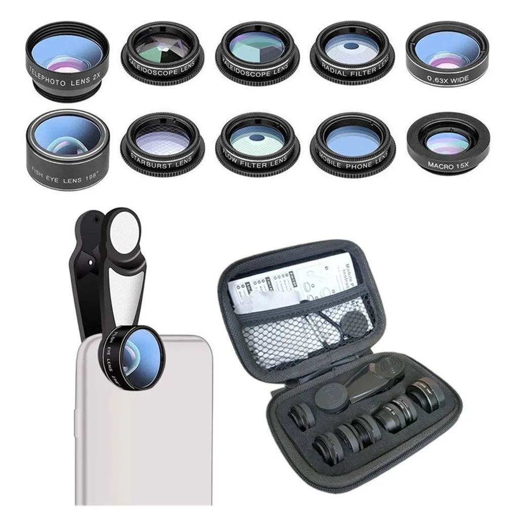 Black 10-in-1 mobile phone lens set with fisheye lens and aluminum-magnesium alloy housing