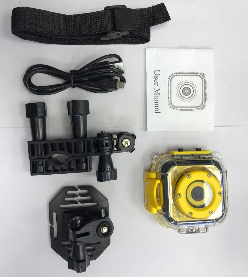 Yellow children's waterproof sports camera showing front view with lens and LCD screen