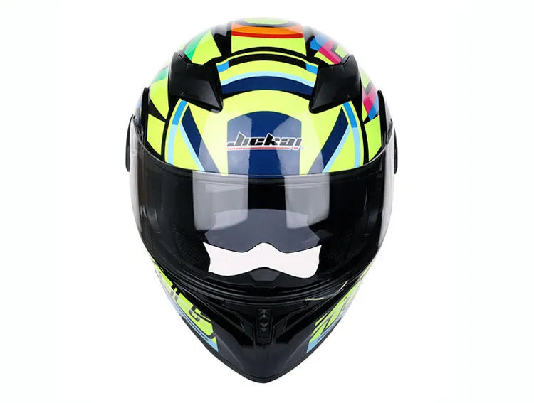 Motorcycle racing helmet with plastic shell, adjustable 55-63cm fit, 38x27cm, in black, blue, green, red, or yellow