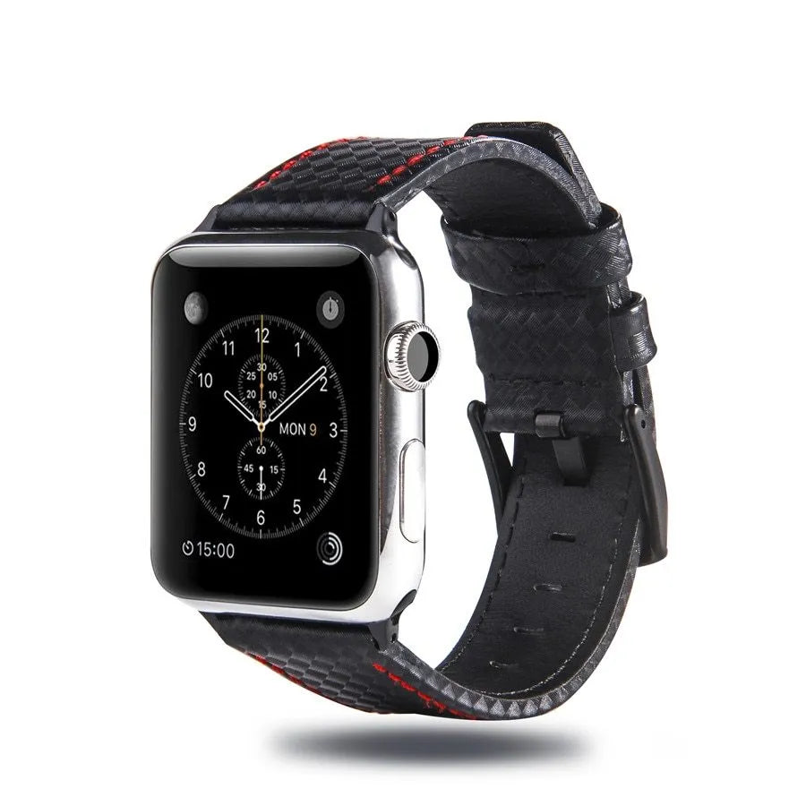 Carbon fibre and leather Apple Watch strap on a PC hard shell case, showing red, black, orange, and blue colour options.