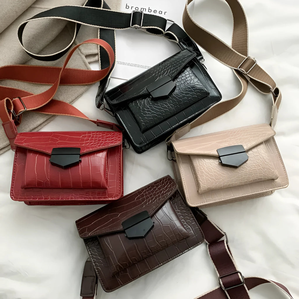 Vintage-style crossbody bag in PU material showing black, brown, khaki and red colour options