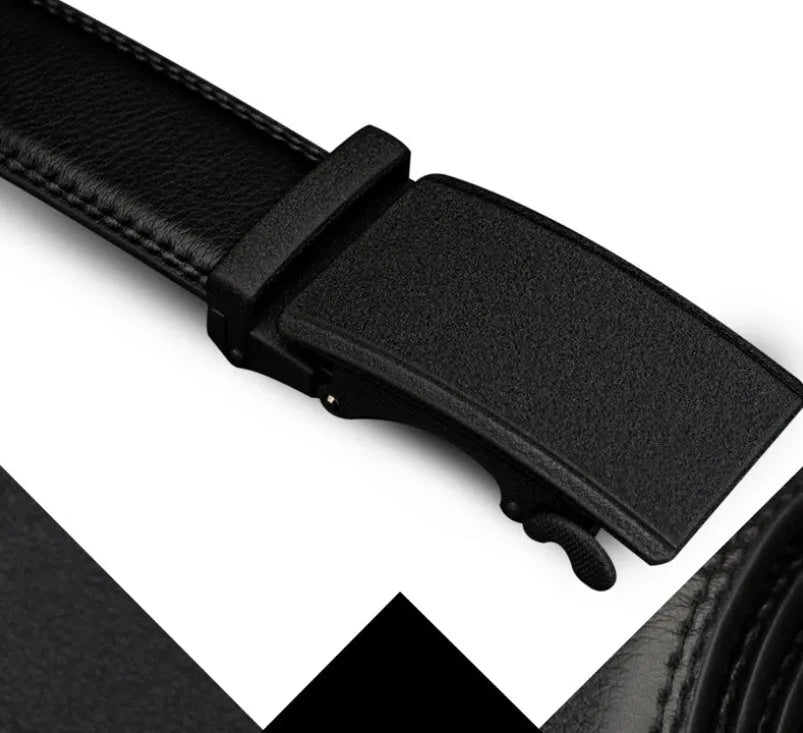 Automatic buckle two-layer cowhide belt for men, rectangular alloy buckle, black colour, standard width