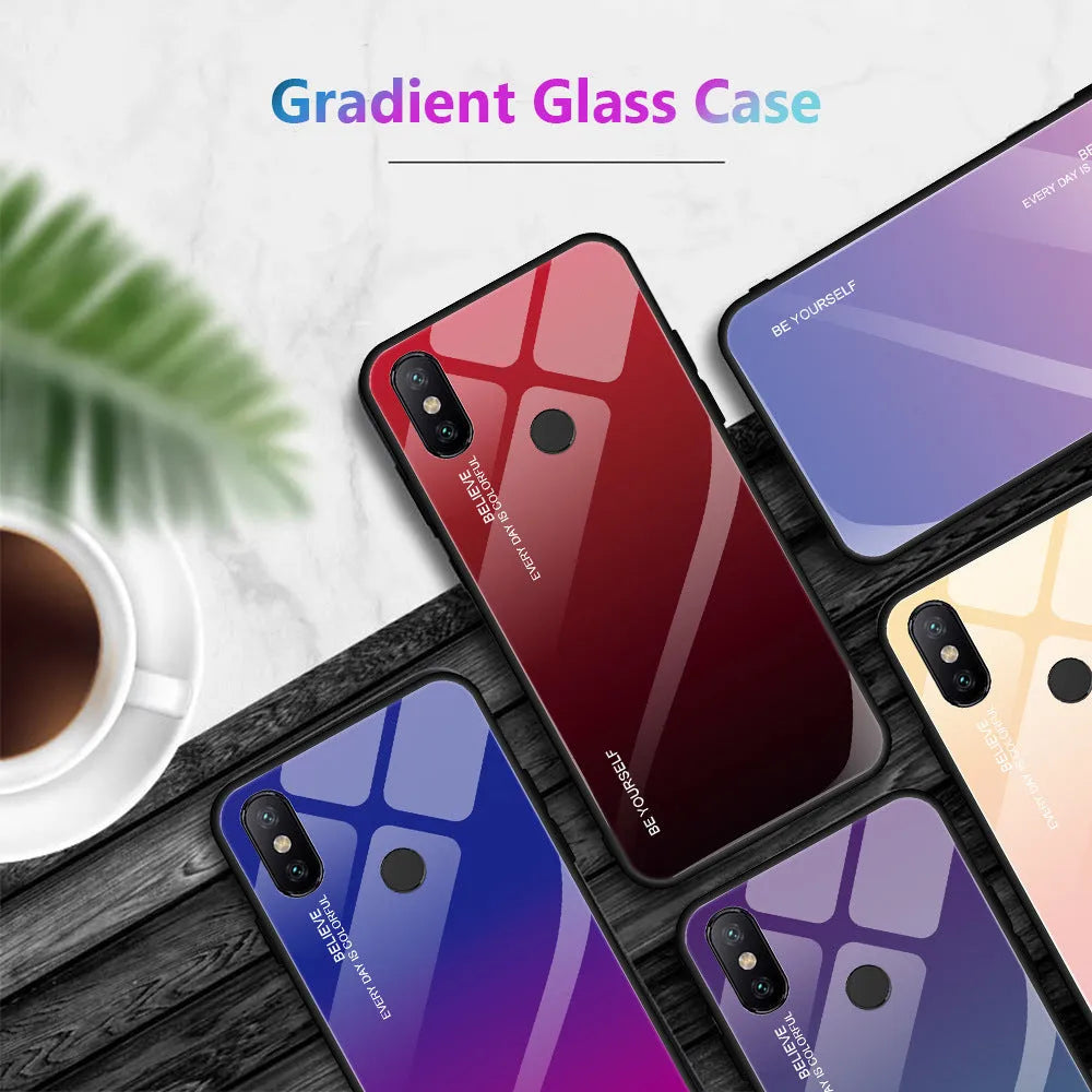 Gradient colour phone case with tempered glass back for Redmi smartphones showing colour transition