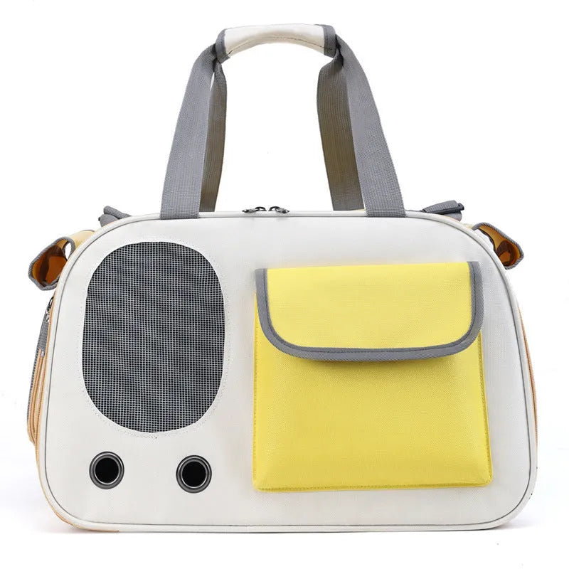 Large foldable single shoulder pet bag in canvas material, shown in yellow colour.