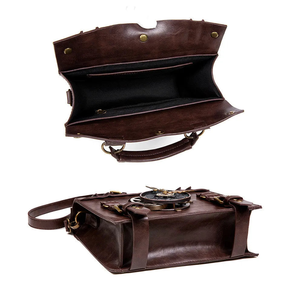 Bronze steampunk industrial retro shoulder bag with metal details and horizontal square pillow shape