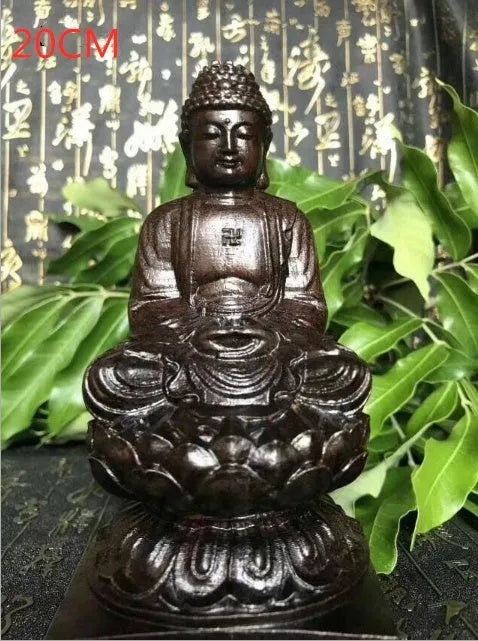 Natural black wood carving of Sakyamuni Buddha, 30cm tall, seated ornament for home or office