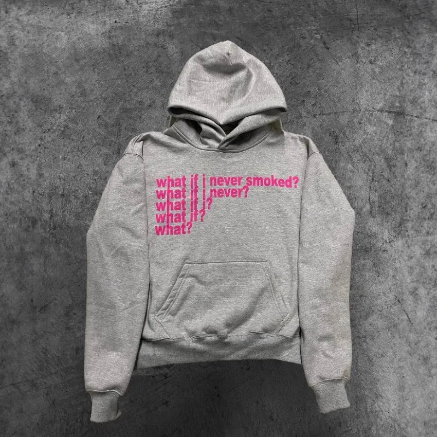 Black heavy hooded sweater with white letter and figure print on the front.