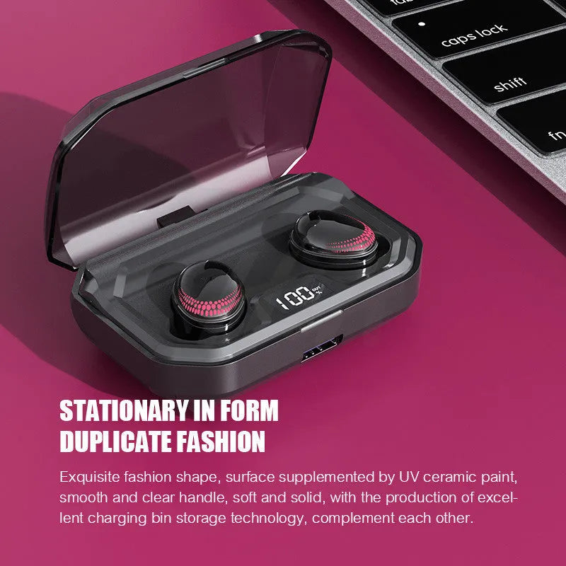 Black X10 Bluetooth wireless earbuds with charging case showing compact 150x100x40mm dimensions