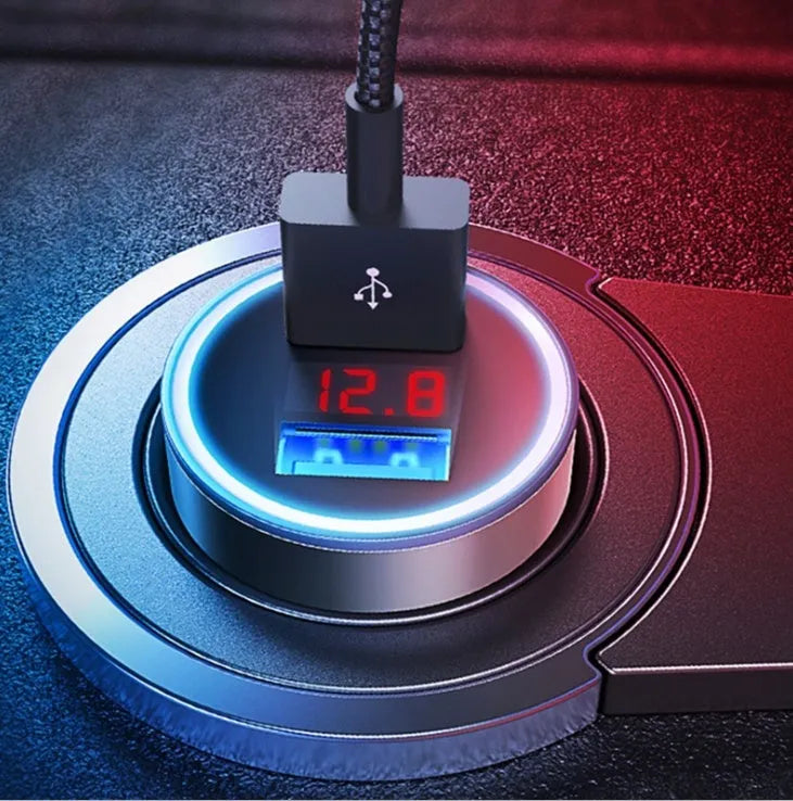 Dual USB car charger with display and aluminium alloy ring, available in five colours