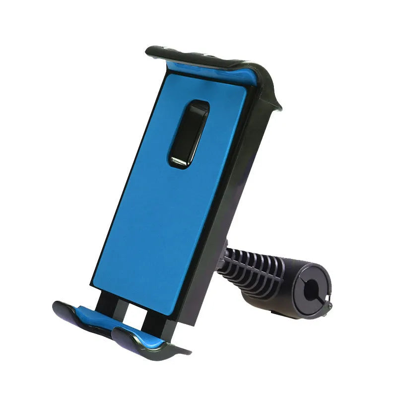 Black universal car headrest tablet holder mounted on a seat, showing 360-degree rotation and extended arm.
