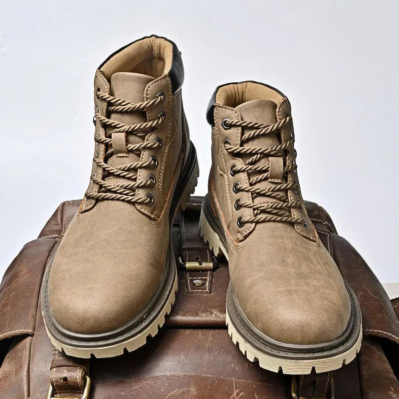 Genuine leather men's mid-top Martin boots in brown, black, and khaki with non-slip rubber sole
