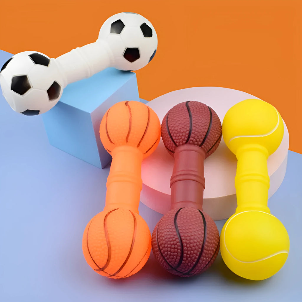 Non-toxic PVC squeaky dog chew toy shaped like a football and dumbbell in assorted colours.