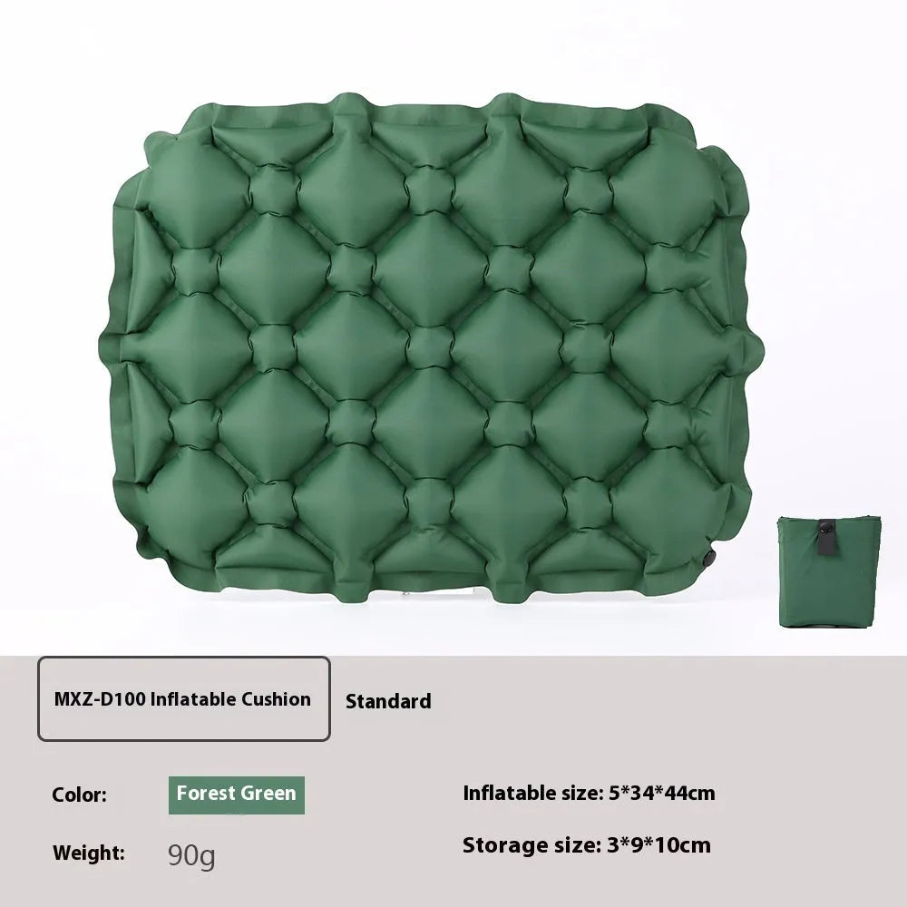 Inflatable camping cushion in grey, 40D nylon TPU, measures 5x34x44cm, lightweight and waterproof for outdoor use