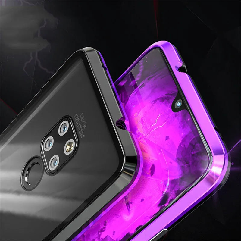 Black magnetic phone case with metal frame and clear tempered glass back for Huawei P30