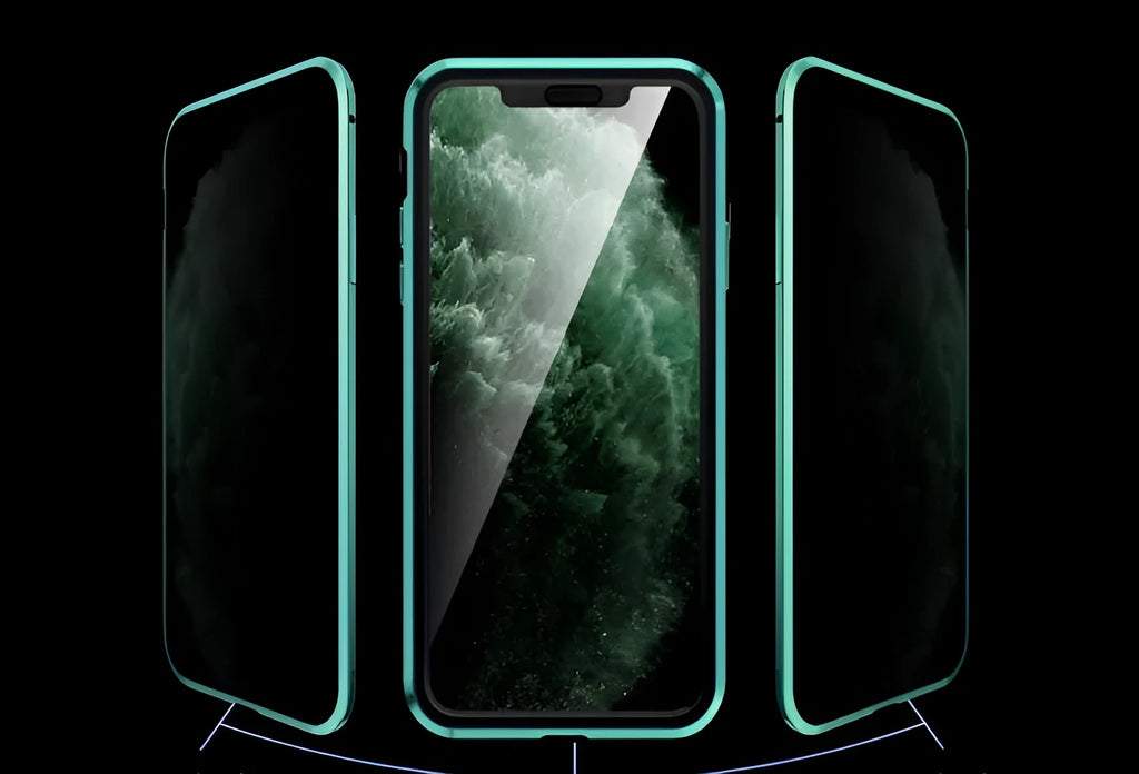 Double-sided glass magneto iPhone case showing tempered glass construction and magnetic attachment points