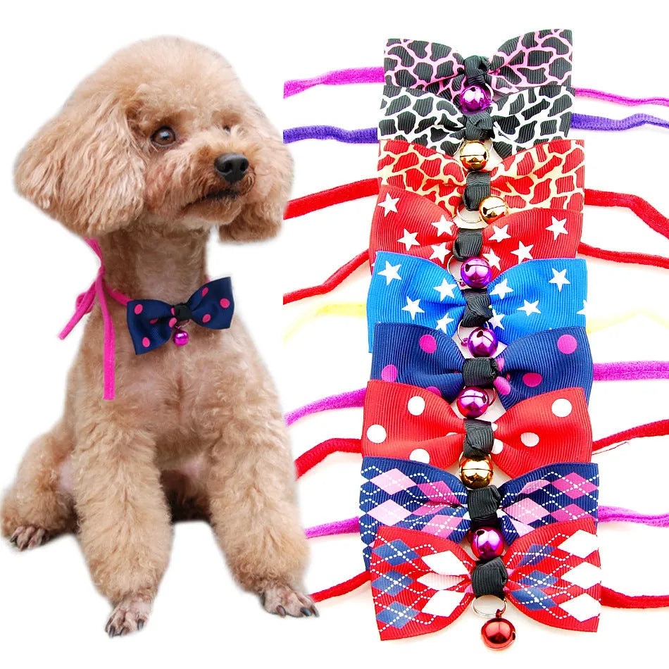 Pet bow tie with copper bell and adjustable neck band, polyester fabric, for dogs and cats, up to 56 cm