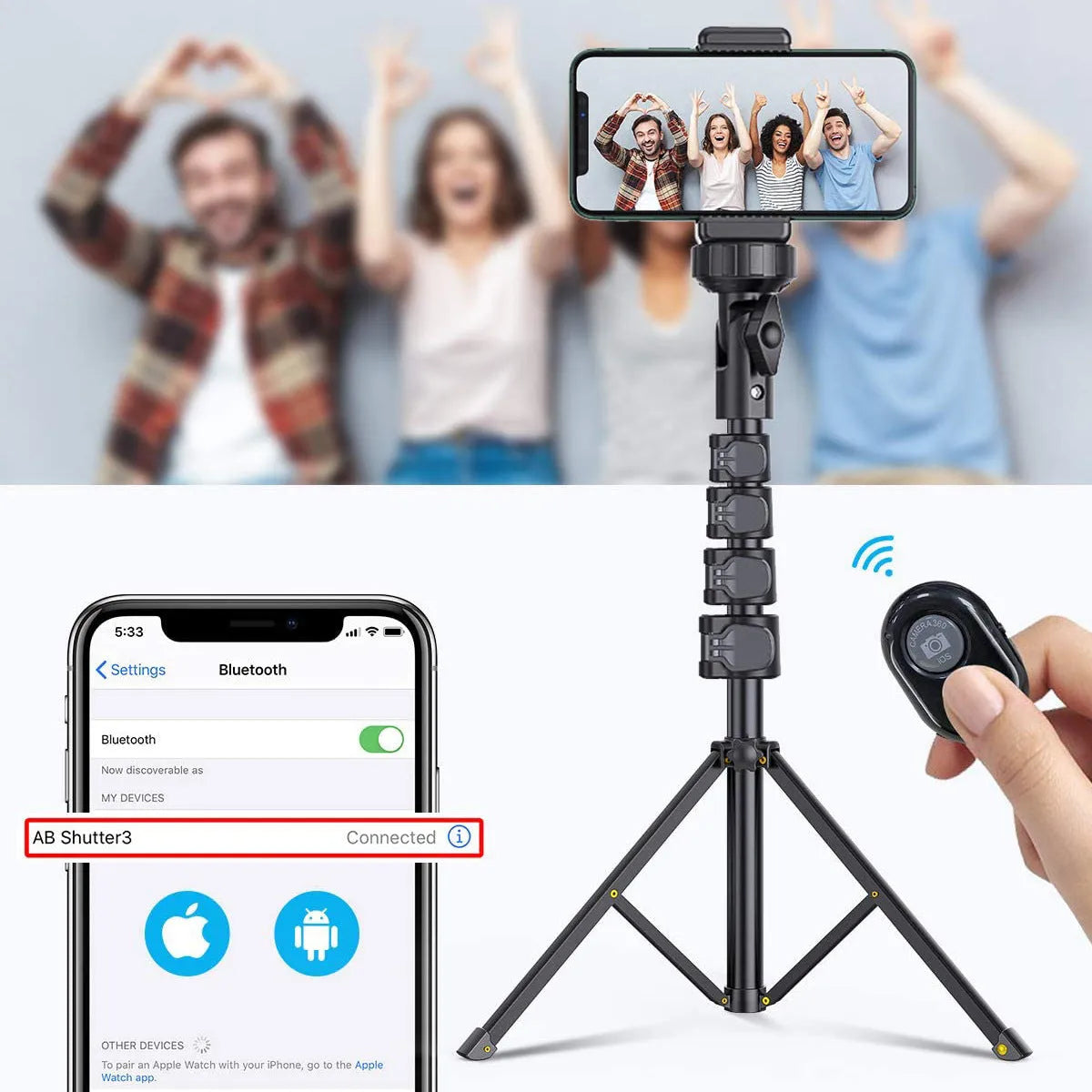 Black aluminium selfie stick tripod extended to full height with smartphone mounted