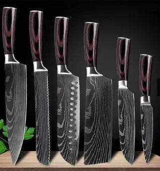7Cr17 stainless steel chef knife with 18cm blade, laser Damascus pattern, and coloured wood handle