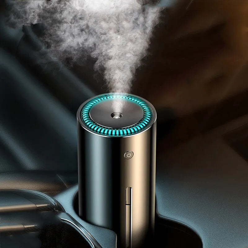 Dark grey aluminum alloy car diffuser humidifier with USB connection for air purification and aromatherapy in vehicles
