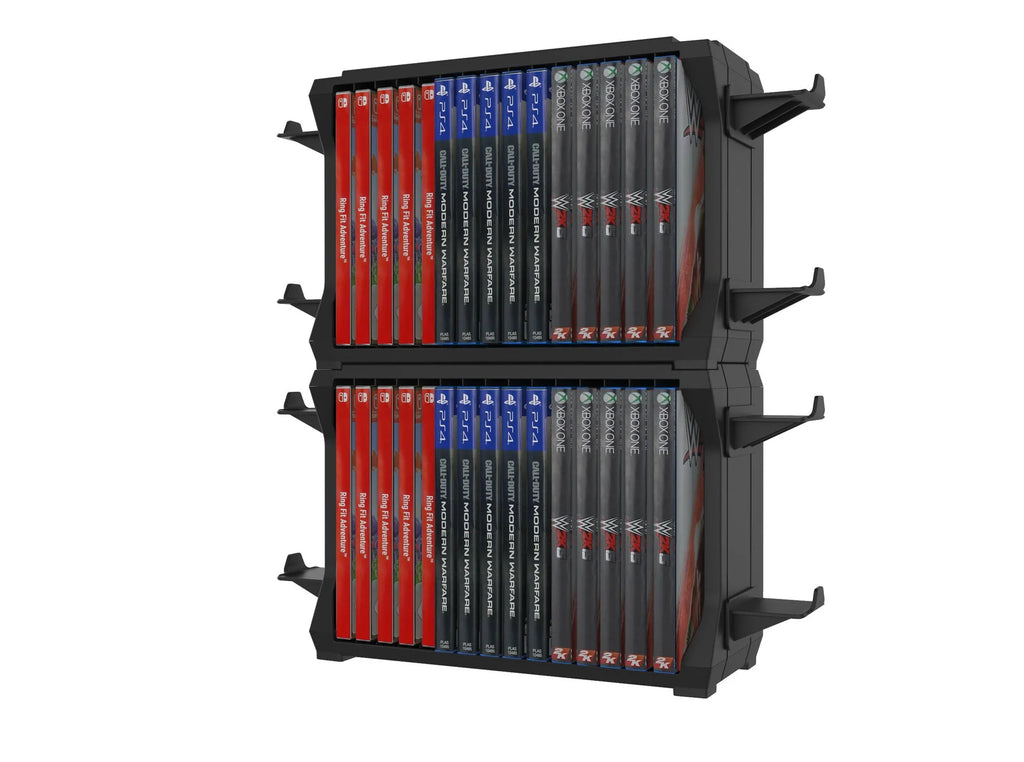 Black PS5 disc holder and stand with slots for game cartridges and four controller docks