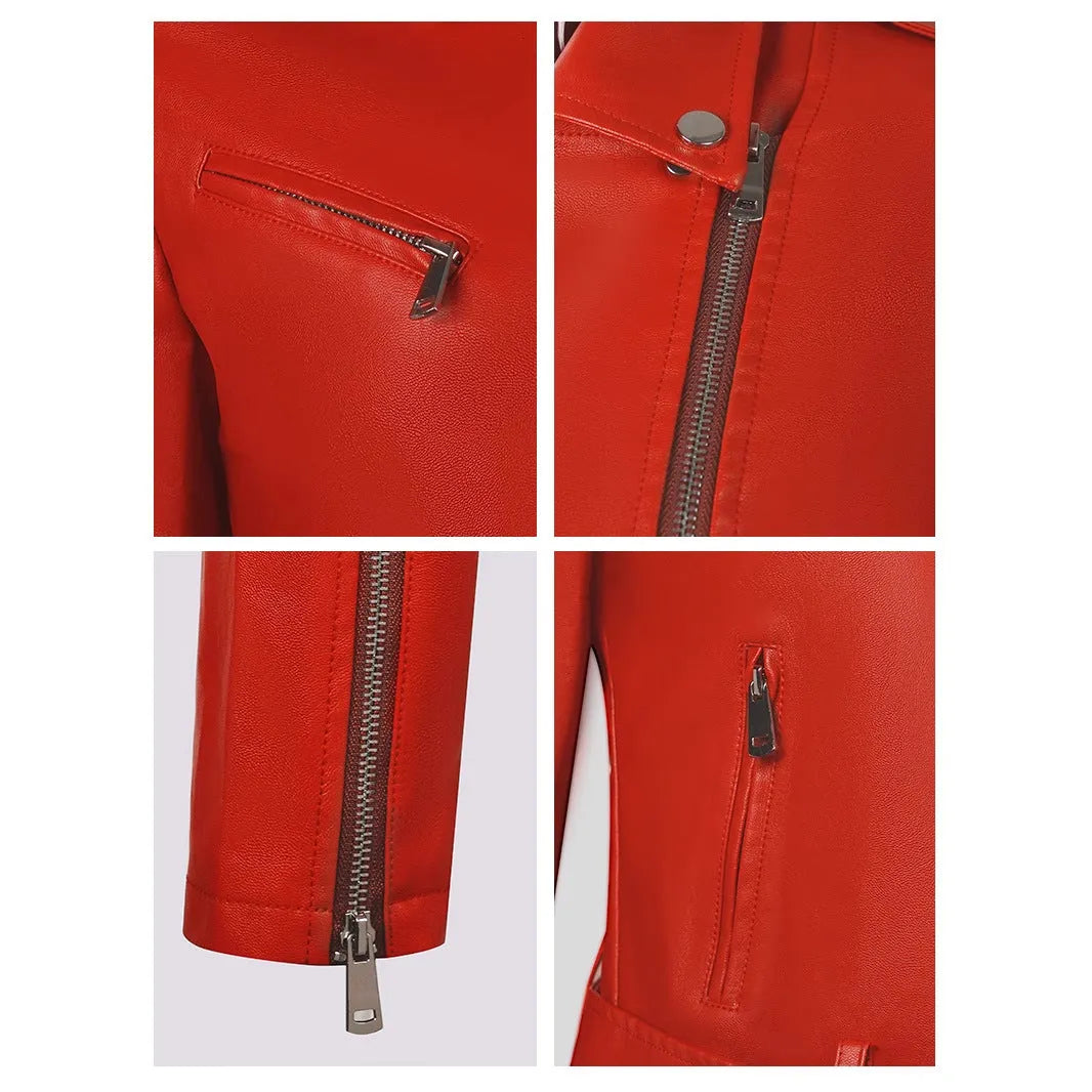 Women's short PU leather motorcycle jacket with belt in black, red, milky white, and dark brown colours showing lapel collar and regular fit.