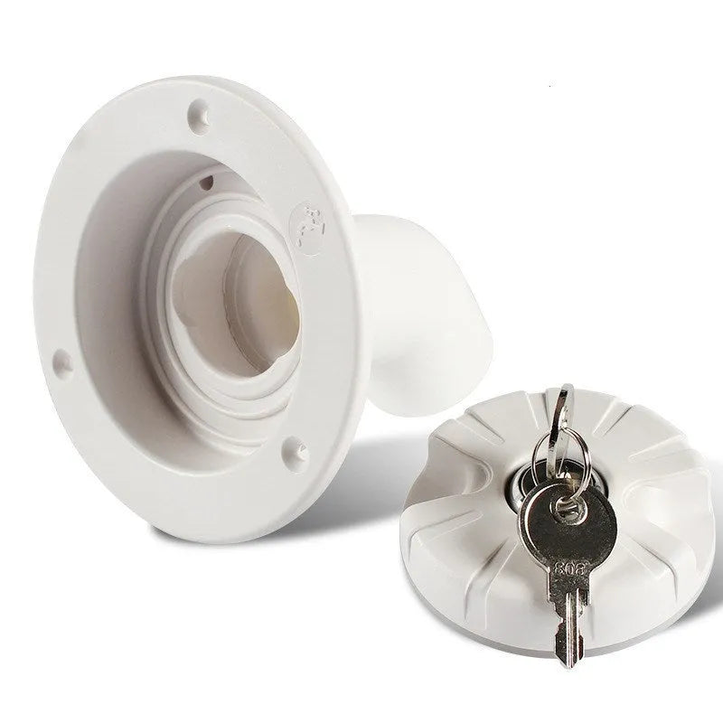 White RV gravity water filling port with 80mm hole size and 38mm inner pipe diameter