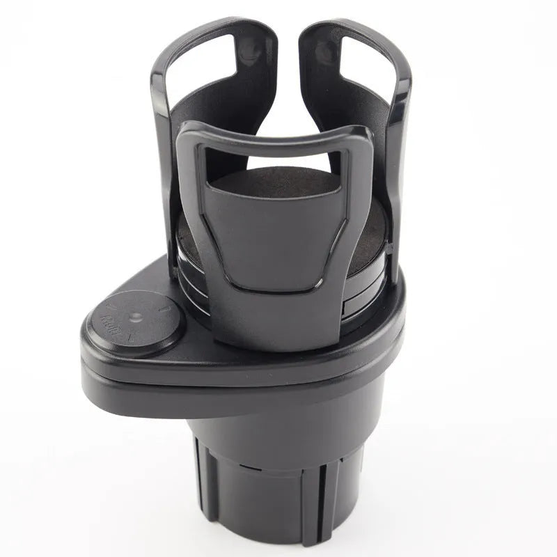Multifunctional vehicle cup holder in Matt Black with 360° rotating axis mounted on car seat