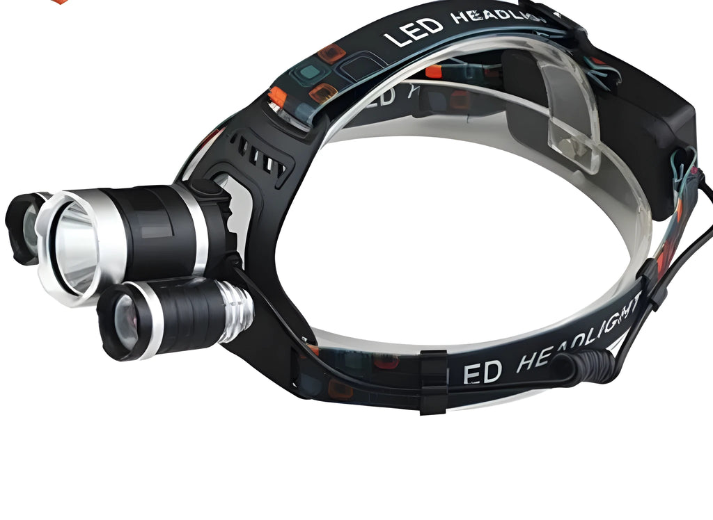 Black rechargeable LED headlamp with adjustable headband and aluminium housing, showing 360-degree rotation.