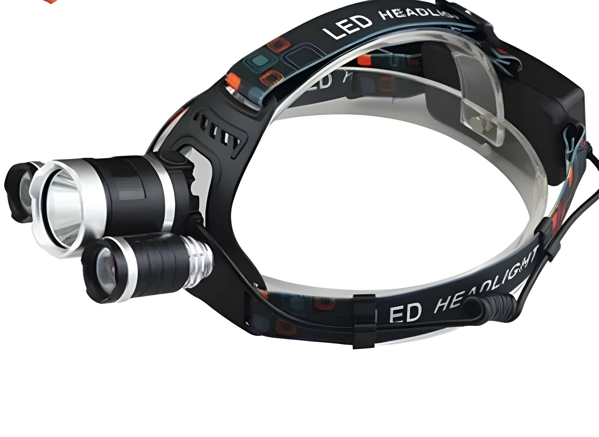 Black rechargeable LED headlamp with adjustable headband and aluminium housing, showing 360-degree rotation.