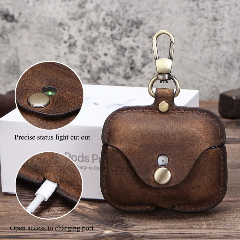 Brown leather AirPods Pro case with crazy horse pattern in clamshell vintage design