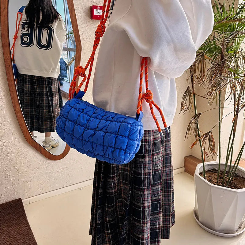 Women's lightweight nylon messenger bag in pillow shape with rhombus pattern and crossbody strap