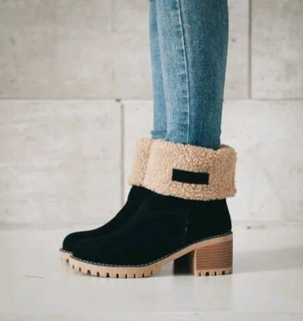 Women's thick-soled suede snow boots with mid-tube height and round toe