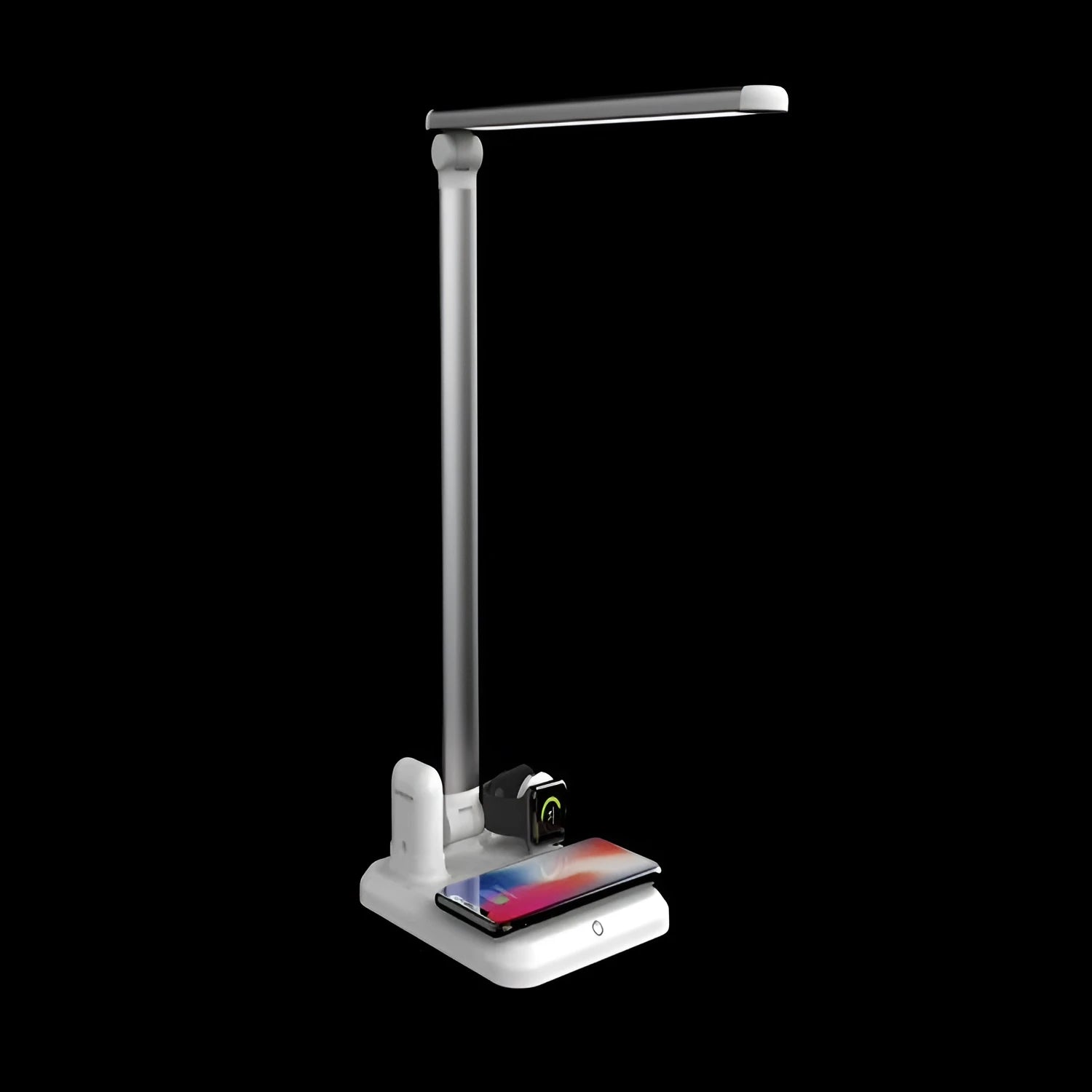 Black and white 4-in-1 LED desk lamp with wireless charging pad and adjustable lighting arm