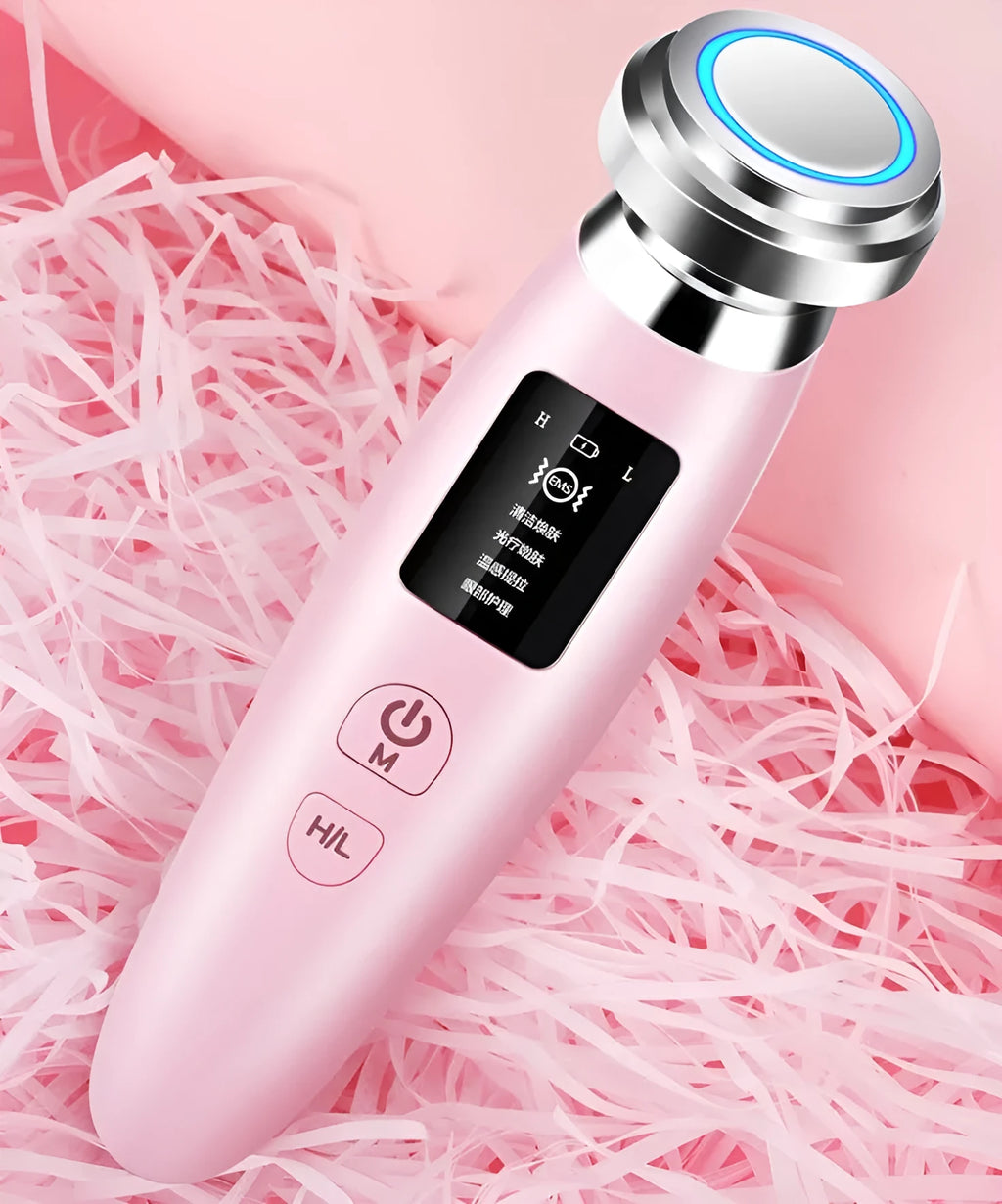 Pink handheld facial cleansing and rejuvenation beauty instrument showing 185mm length
