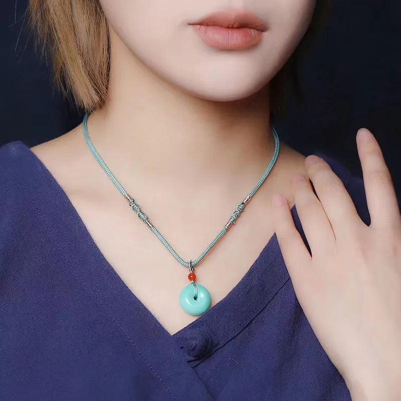Natural turquoise polished round bread ring safety buckle pendant, 25mm, green, New Chinese style