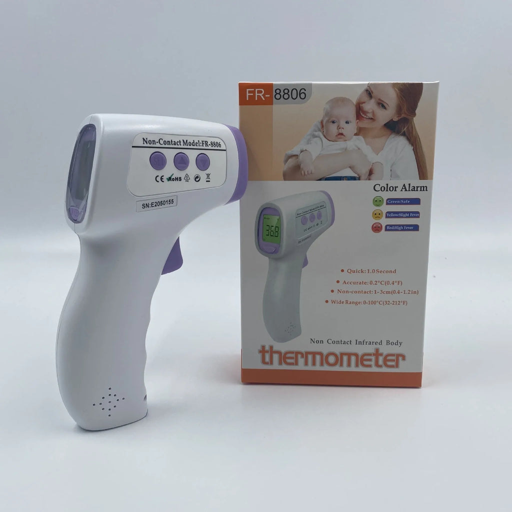White handheld digital non-contact thermometer on a plain background.