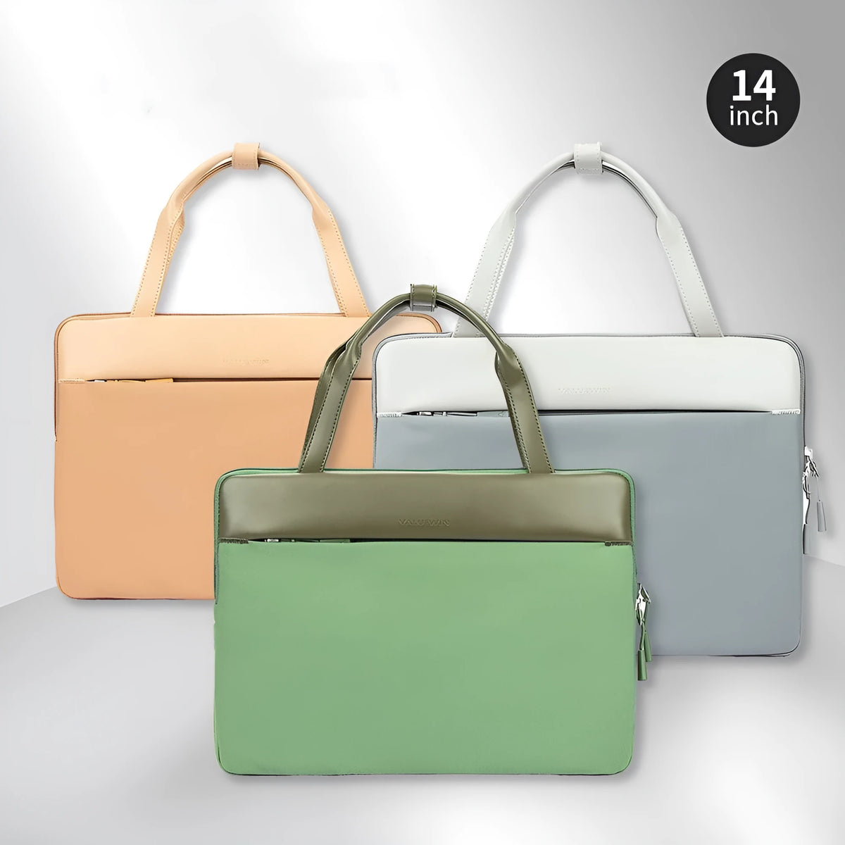 Green polyester laptop bag for 14.2 inch devices with soft handle and zipper pocket