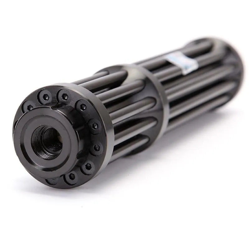 Black anodised aluminium blue laser flashlight with tail switch, shown next to an 18650 battery.