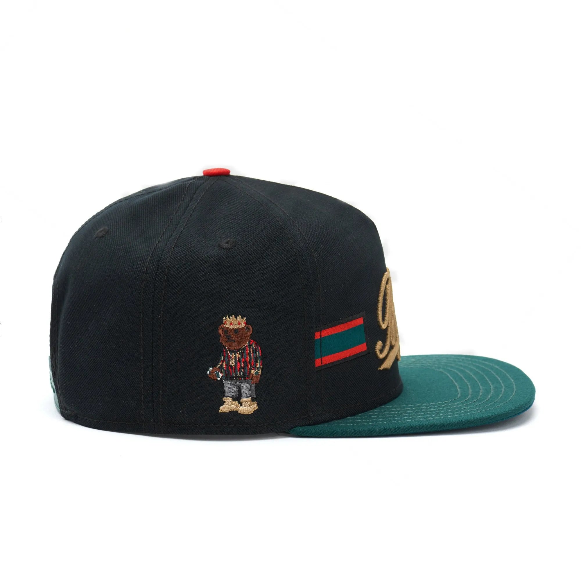 Black embroidered baseball cap with dome crown and adjustable back, front view