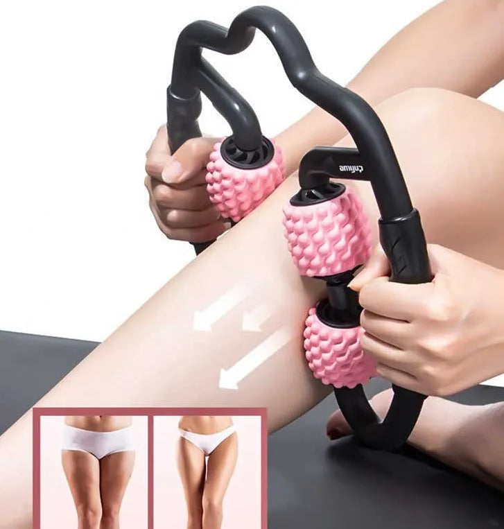 U shape trigger point massage roller for leg calf muscle recovery in black ABS plastic with four wheels