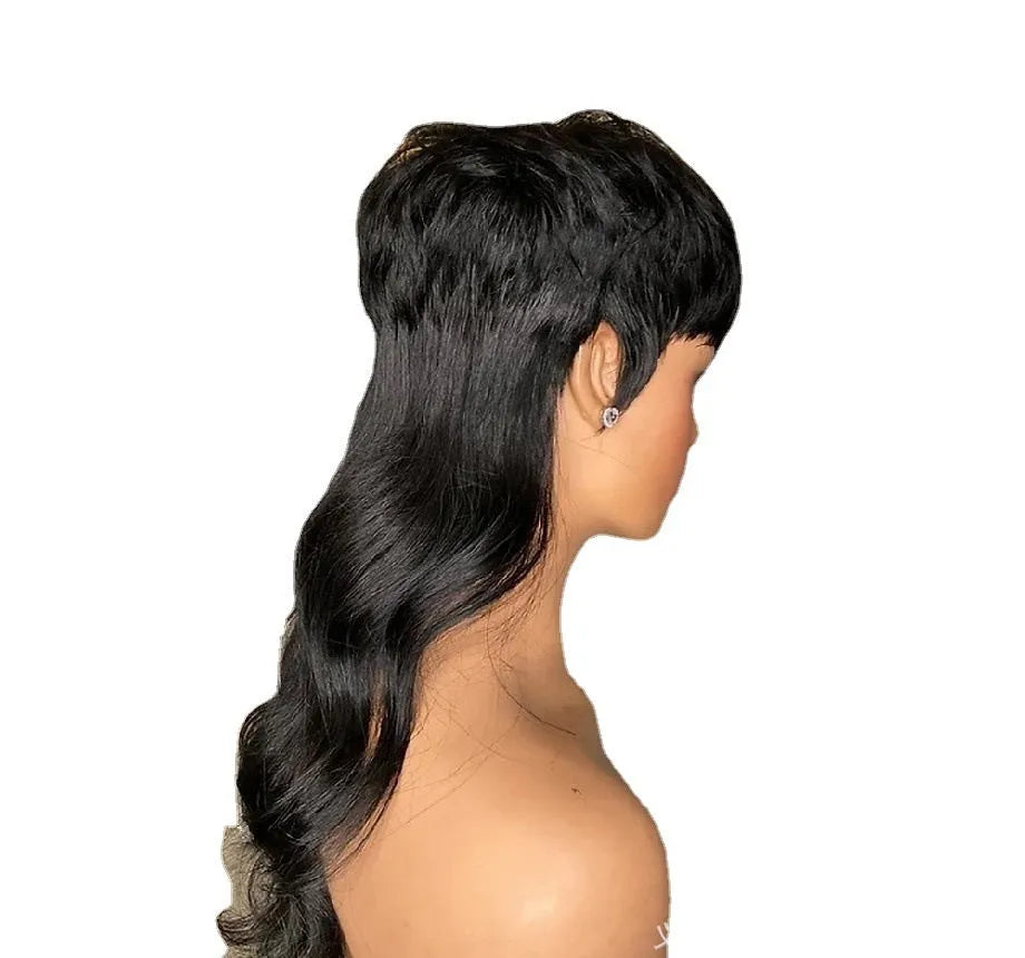 Black Brazilian wig with blunt bangs and long layered back made from high-temperature fibre