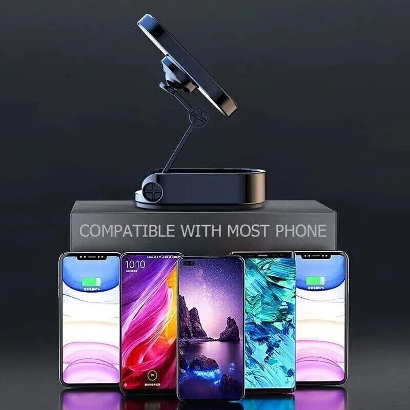 Chrome alloy folding magnetic car phone holder with 360-degree rotation on dashboard