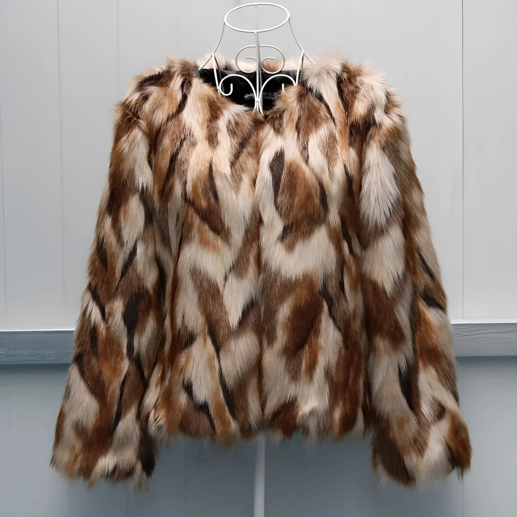 Korean slim-fit faux fur coat for women in picture colour, shown on model.