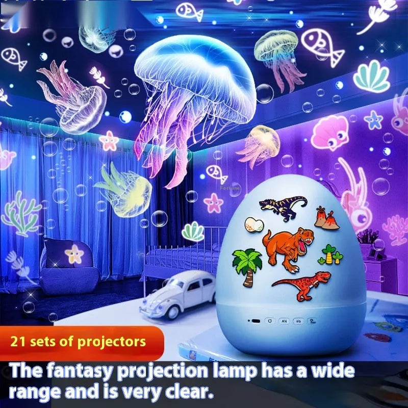 ONEFIRE starry sky projection night light in cartoon dinosaur egg style with 21 image film slides and charging cable