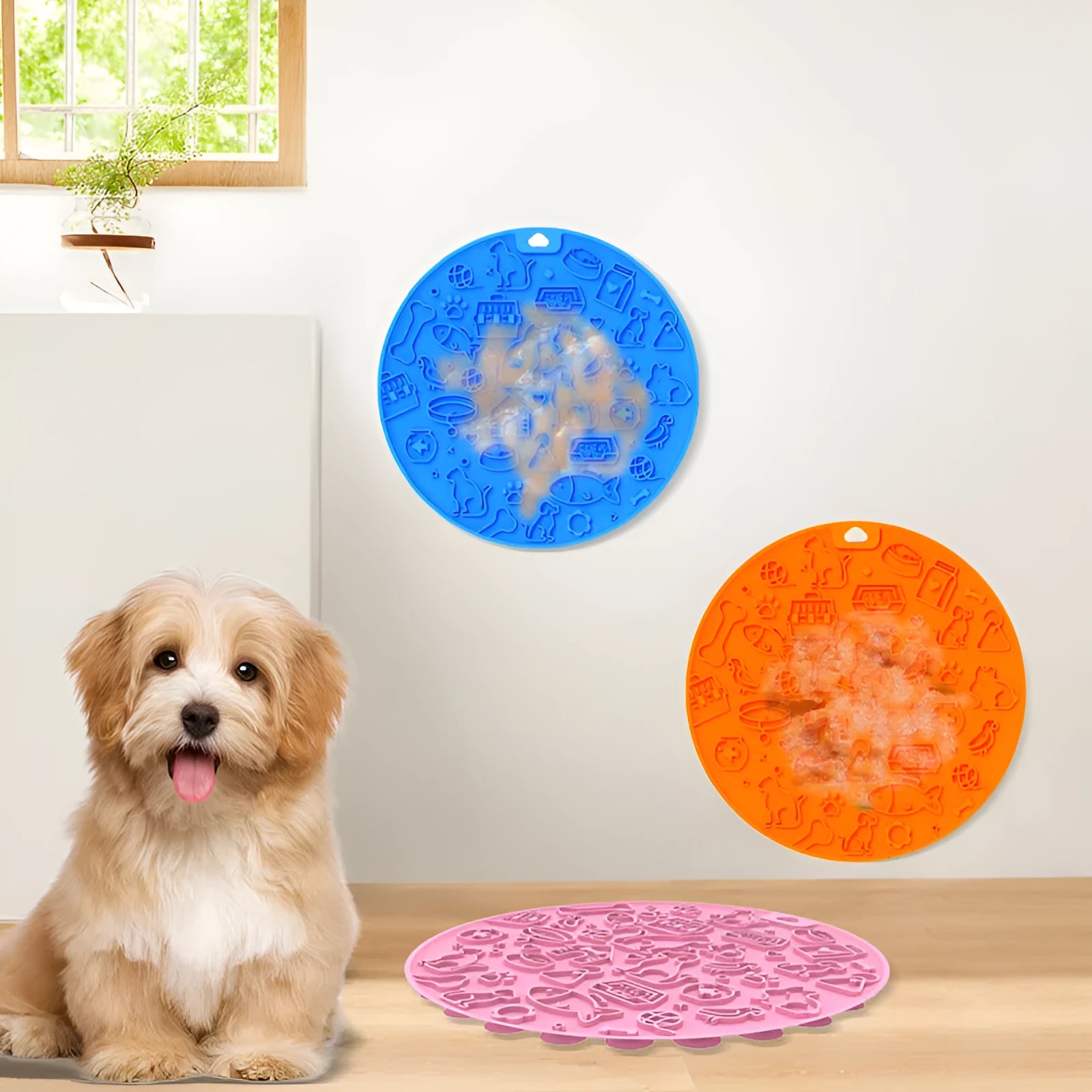 Round silicone pet licking mat with sucker base in blue color for dogs and cats