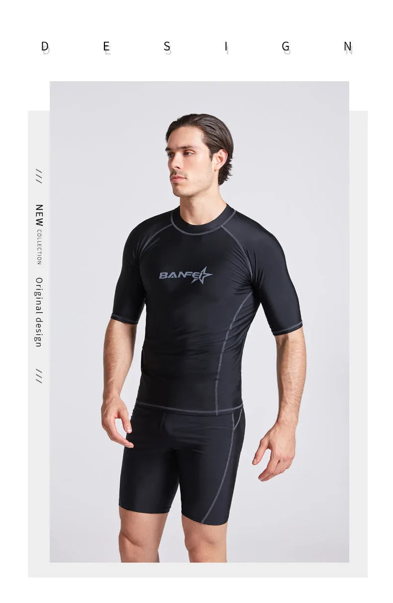 Men's blue half-sleeve quick-dry nylon swimsuit top and pants set for swimming and surfing.